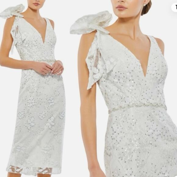 Mac Duggal 79337 MIDI Dress-size‎ 4-white floral high embellished rosette v neck - Picture 3 of 10
